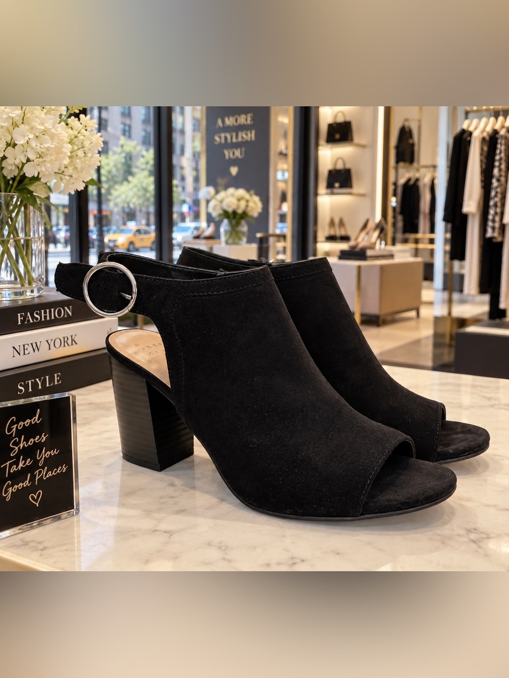 a new day Black Suede Open-Toe Block Heel Slingback Mules